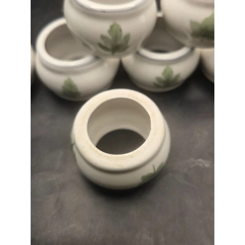 DAMON WOOD Vintage Napkin Ring Holders Set 7 Stoneware Leaf Motif